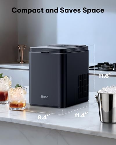 Silonn Ice Maker Countertop, 8 Ice Cubes in 6 Mins, 26.5 lbs/24H, 2 Bullet Ice Sizes, Self-Cleaning Bullet Ice Maker, Portable Ice Machine for Kitchen, Party, Office, and RV Camping