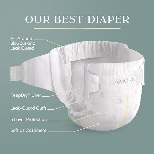 Pampers Amore, Size 4 (15-34 lbs), 58 Count, Our Best Diaper – Hypoallergenic & Fragrance Free, Up to 100% Leakproof, Soft as Cashmere