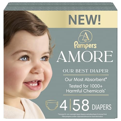 Pampers Amore, Size 4 (15-34 lbs), 58 Count, Our Best Diaper – Hypoallergenic & Fragrance Free, Up to 100% Leakproof, Soft as Cashmere