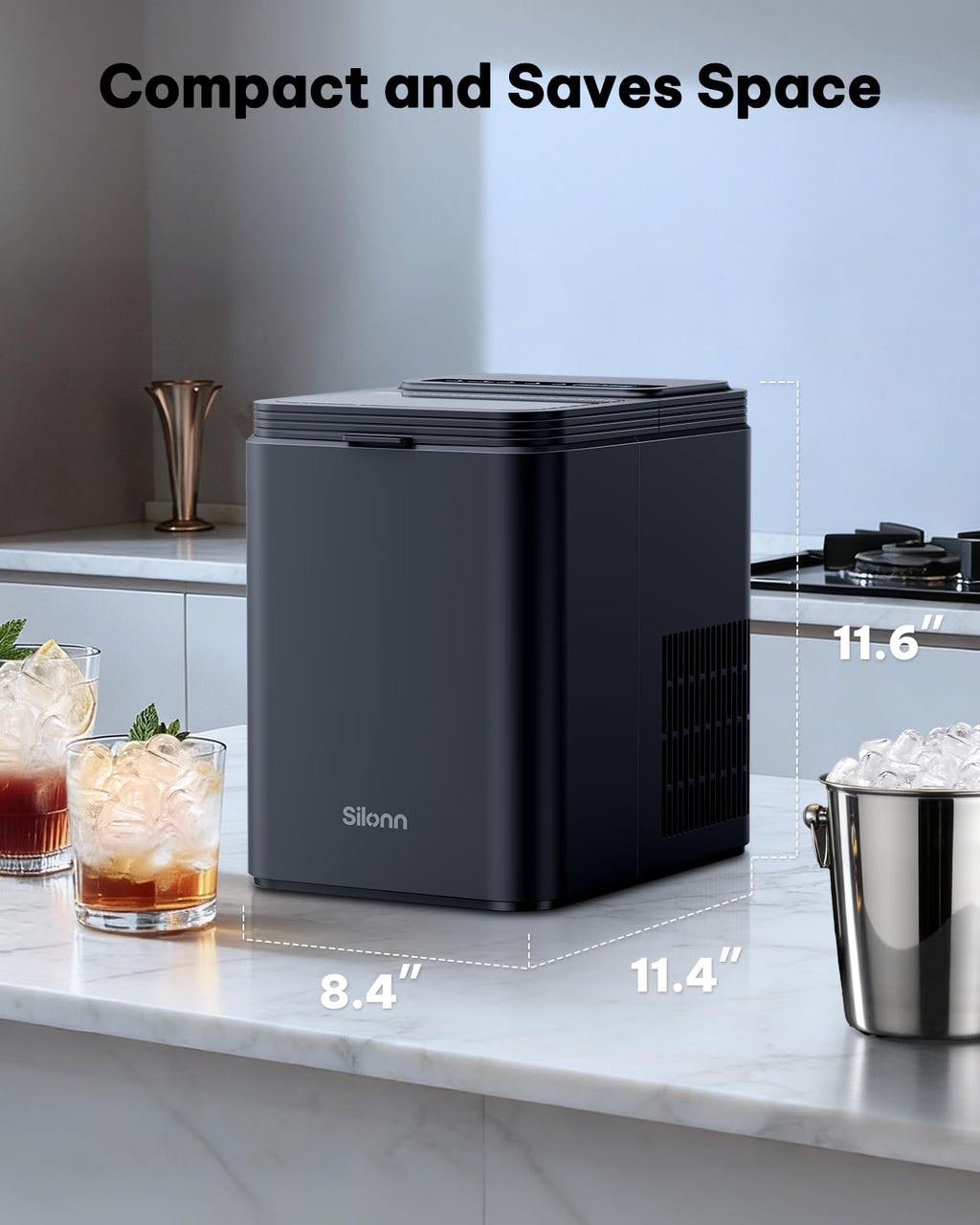 Silonn Ice Maker Countertop, 8 Ice Cubes in 6 Mins, 26.5 lbs/24H, 2 Bullet Ice Sizes, Self-Cleaning Bullet Ice Maker, Portable Ice Machine for Kitchen, Party, Office, and RV Camping