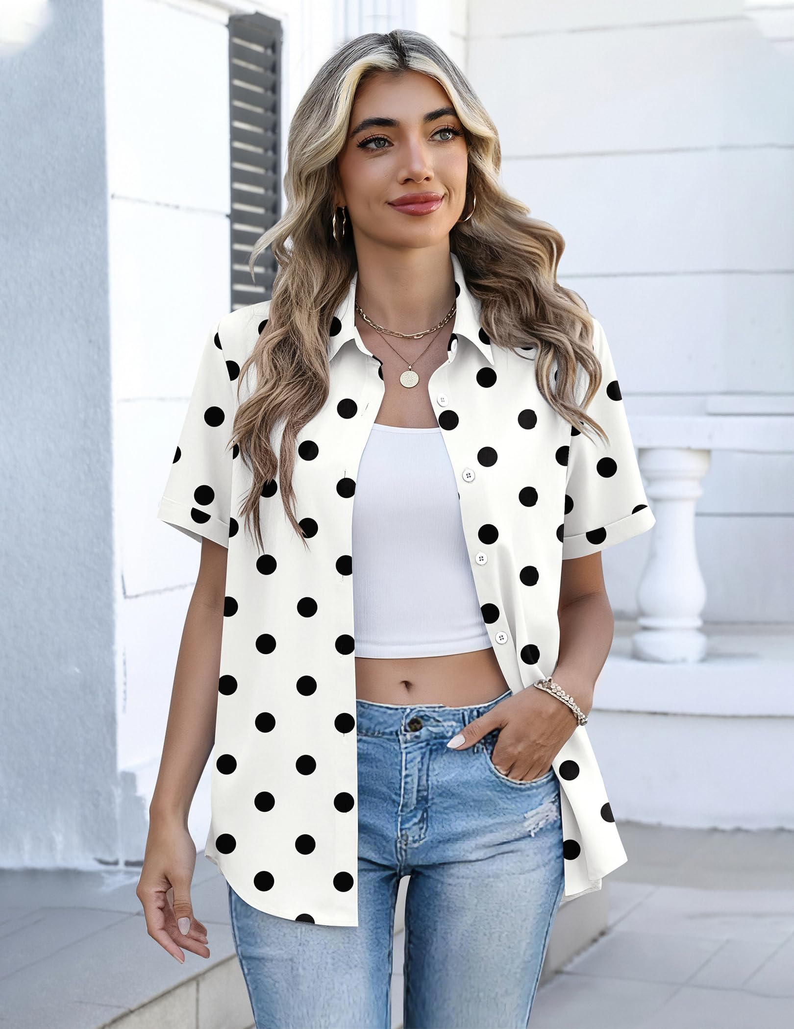 Zeagoo Shirts for Women Button Down Short Sleeve Tops Summer Casual Polka Dot Blouses Office Work Clothes 2026