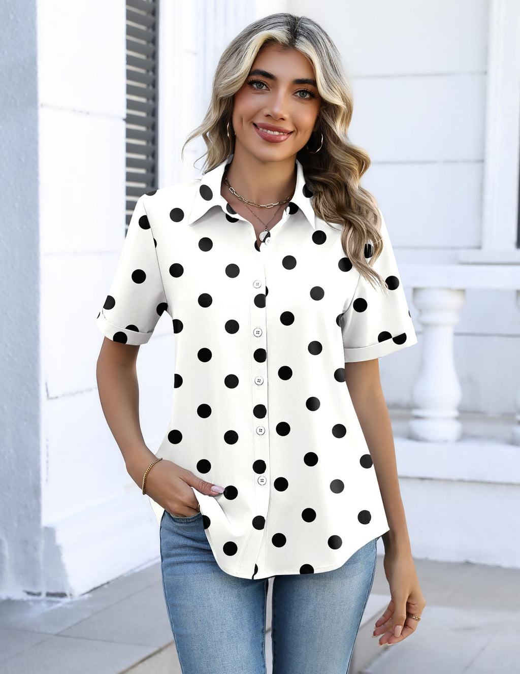 Zeagoo Shirts for Women Button Down Short Sleeve Tops Summer Casual Polka Dot Blouses Office Work Clothes 2026