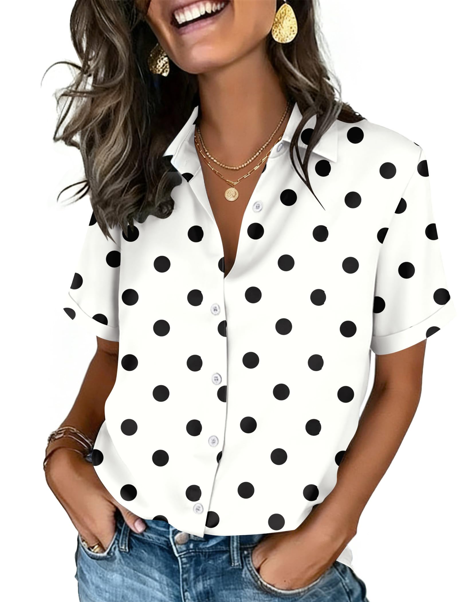 Zeagoo Shirts for Women Button Down Short Sleeve Tops Summer Casual Polka Dot Blouses Office Work Clothes 2026