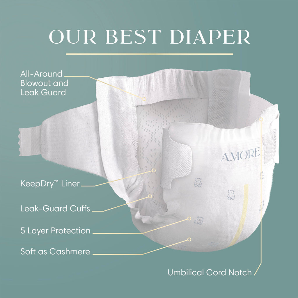 Pampers Amore, Size 2 (10-22 lbs), 74 Count, Our Best Diaper – Hypoallergenic & Fragrance Free, Up to 100% Leakproof, Soft as Cashmere
