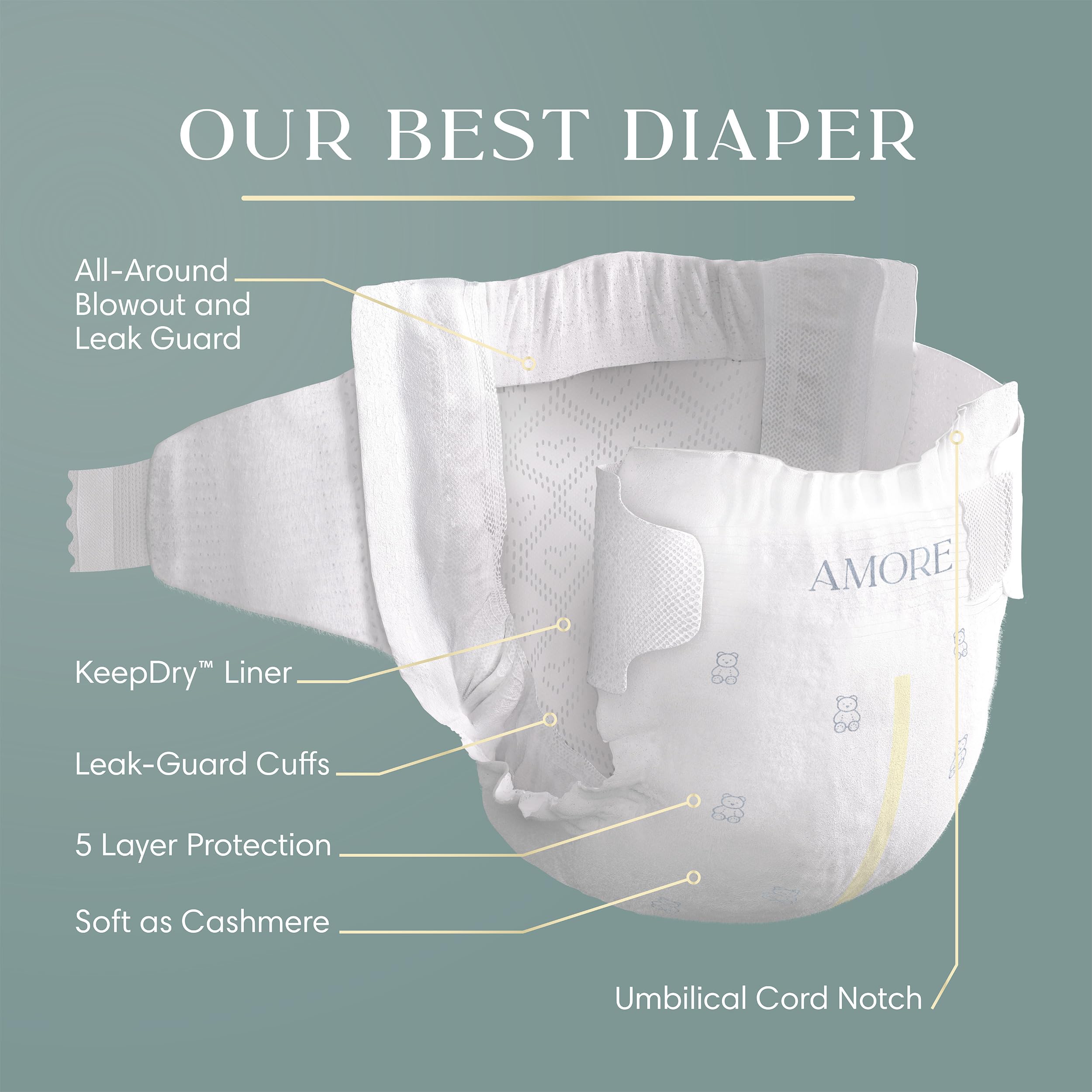 Pampers Amore, Size 2 (10-22 lbs), 74 Count, Our Best Diaper – Hypoallergenic & Fragrance Free, Up to 100% Leakproof, Soft as Cashmere