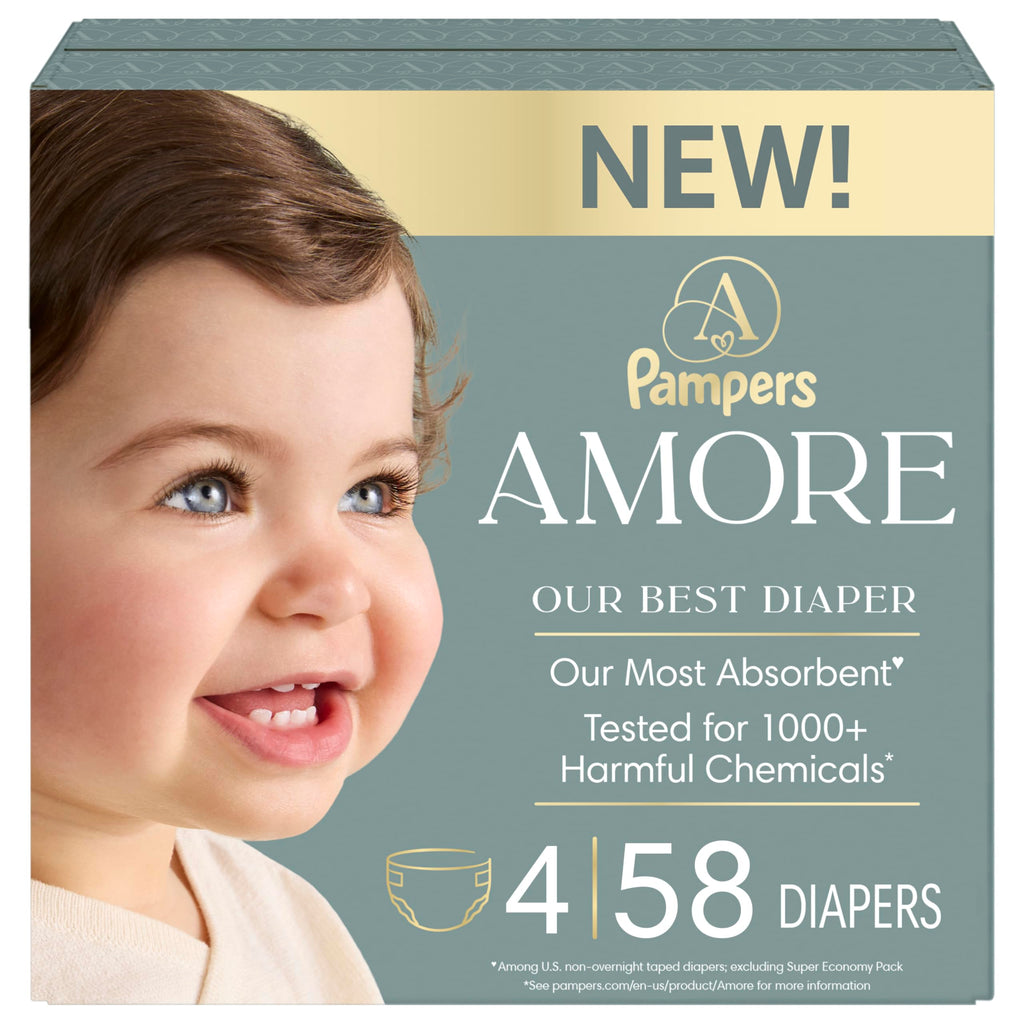 Pampers Amore, Size 4 (15-34 lbs), 58 Count, Our Best Diaper – Hypoallergenic & Fragrance Free, Up to 100% Leakproof, Soft as Cashmere