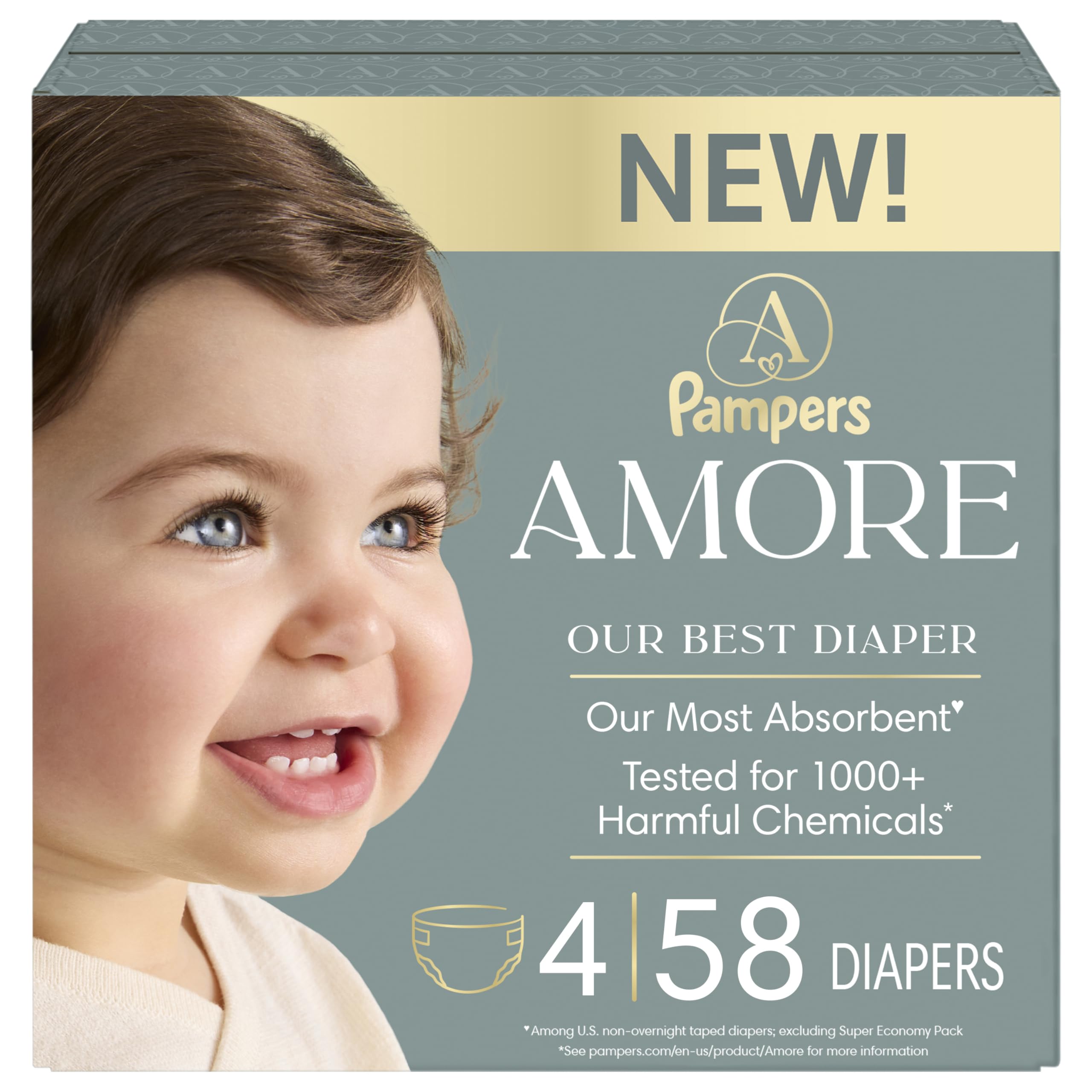 Pampers Amore, Size 4 (15-34 lbs), 58 Count, Our Best Diaper – Hypoallergenic & Fragrance Free, Up to 100% Leakproof, Soft as Cashmere