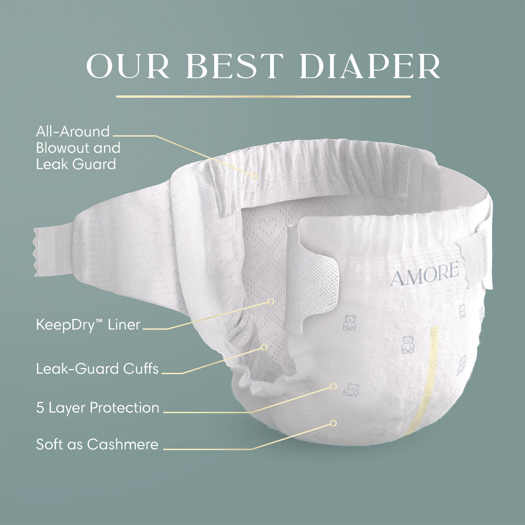 Pampers Amore, Size 4 (15-34 lbs), 58 Count, Our Best Diaper – Hypoallergenic & Fragrance Free, Up to 100% Leakproof, Soft as Cashmere